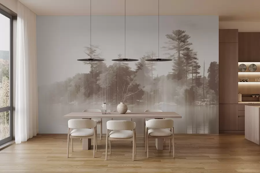 fotószőnyeg Absztrakt minimalizmus texturált táj egy tó és a fák tükröződések a vízben bézs és fehér árnyalatokban w09058v1