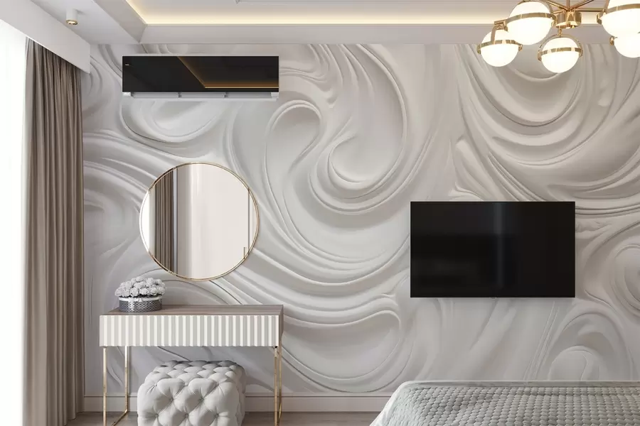 fotószőnyeg Fehér absztrakt modern művészet folyékony örvényekkel és hullámokkal, sima textúrával, elegáns design, minimalista esztétika w09059