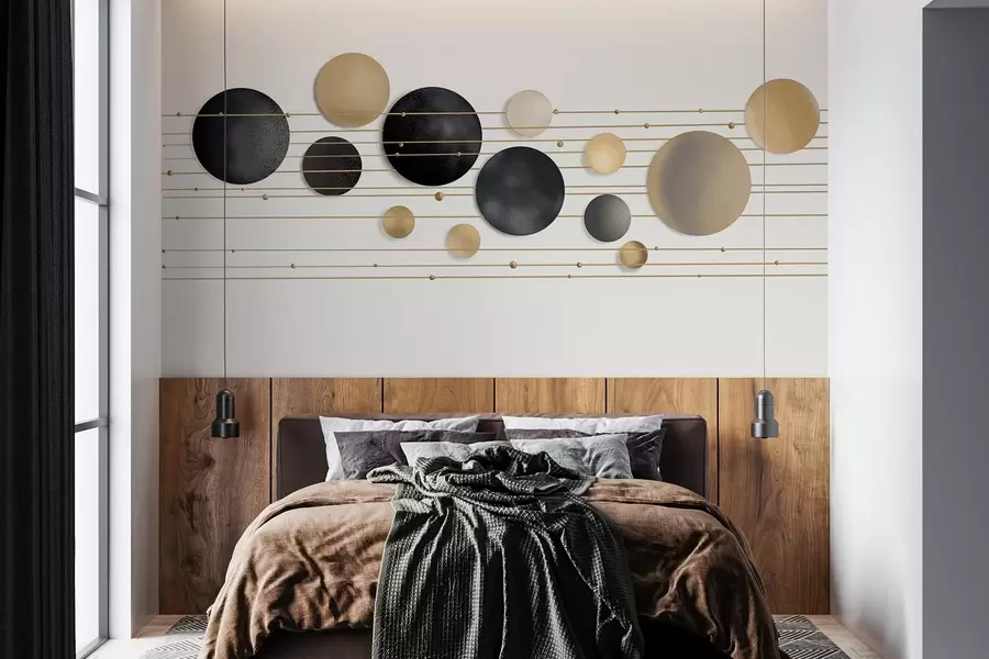 fotószőnyeg Absztrakt modern design, fehér, sárga és szürke tónusú, vékony vonalakkal összekötött, texturált körökkel, minimalista művészet  w09060