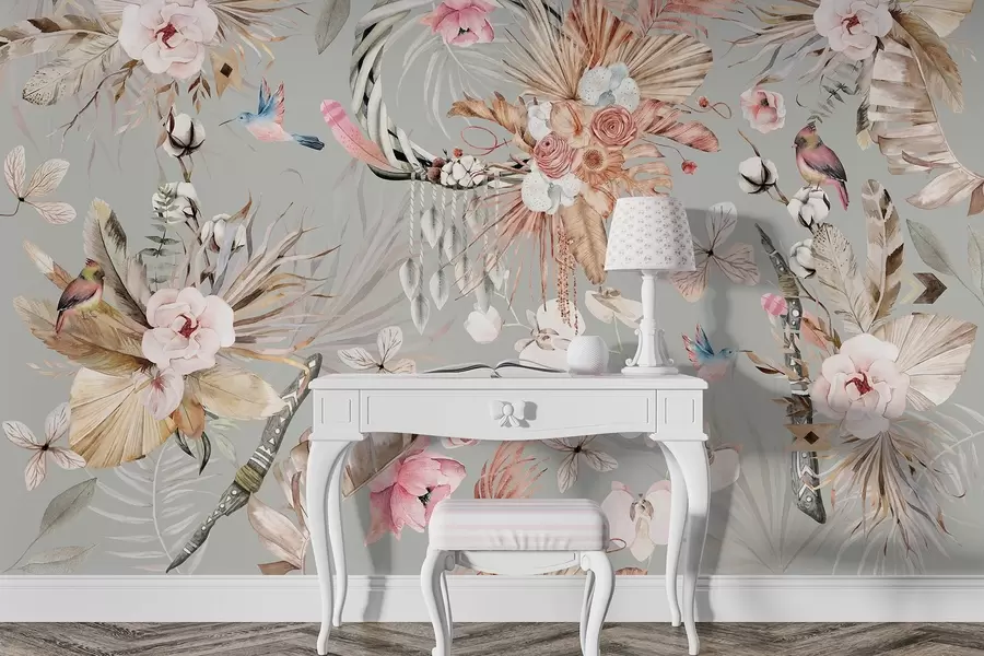 fotószőnyeg Boho stílusú dísz bazsarózsa virágokkal és madarakkal, akvarell stílusban, bézs színekben w03885