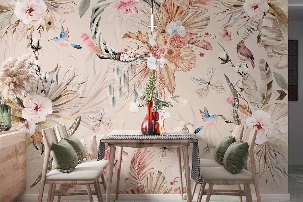 fotószőnyeg Boho stílusú dísz bazsarózsa virágokkal és madarakkal, akvarell stílusban, lágy színekkel w03885v3