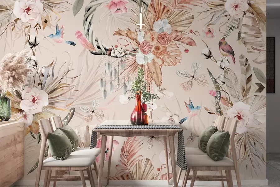 fotószőnyeg Boho stílusú dísz bazsarózsa virágokkal és madarakkal, akvarell stílusban, lágy színekkel w03885v3