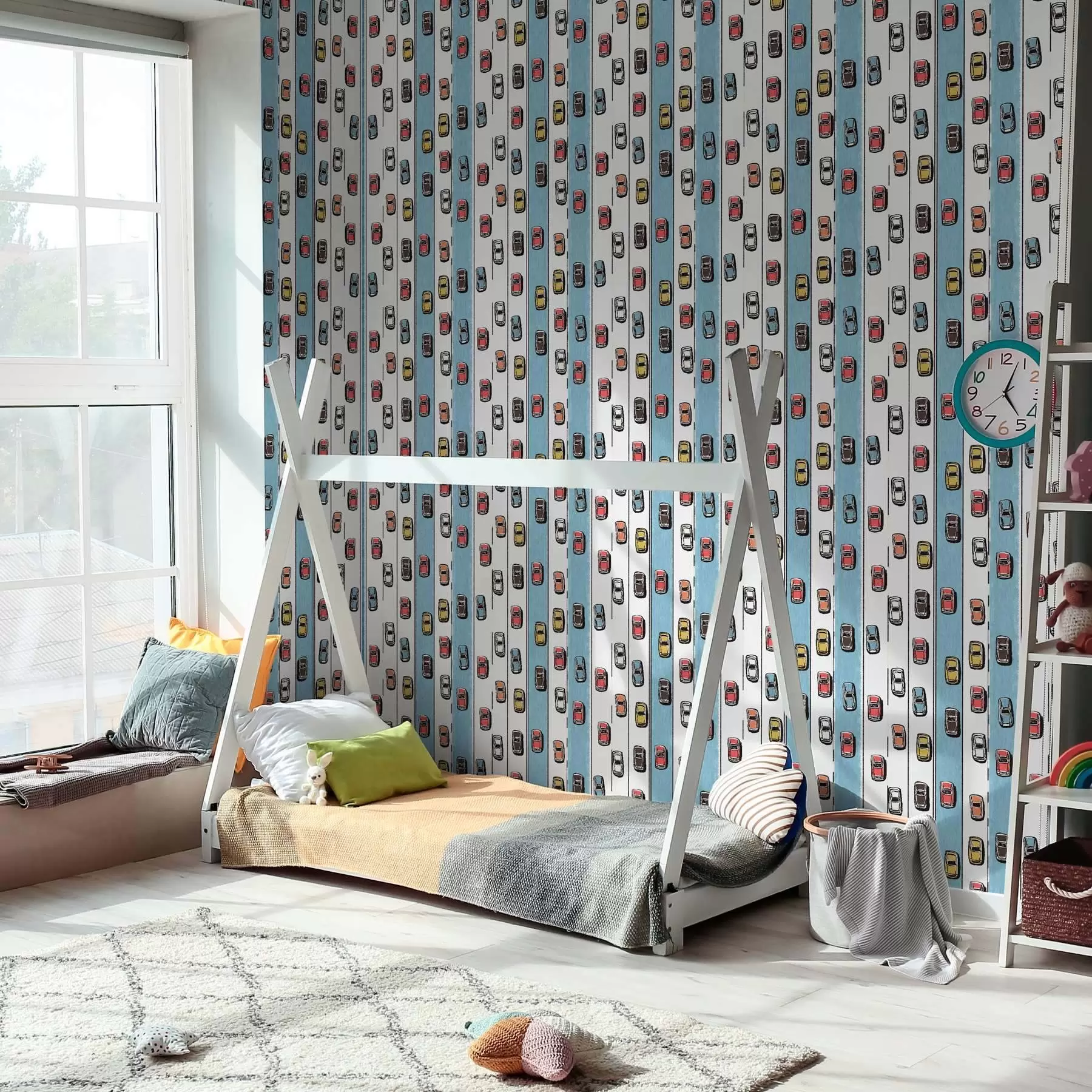 fotószőnyeg Retro autó fehér és kék úton a 60-as évek stílusában a00118v2