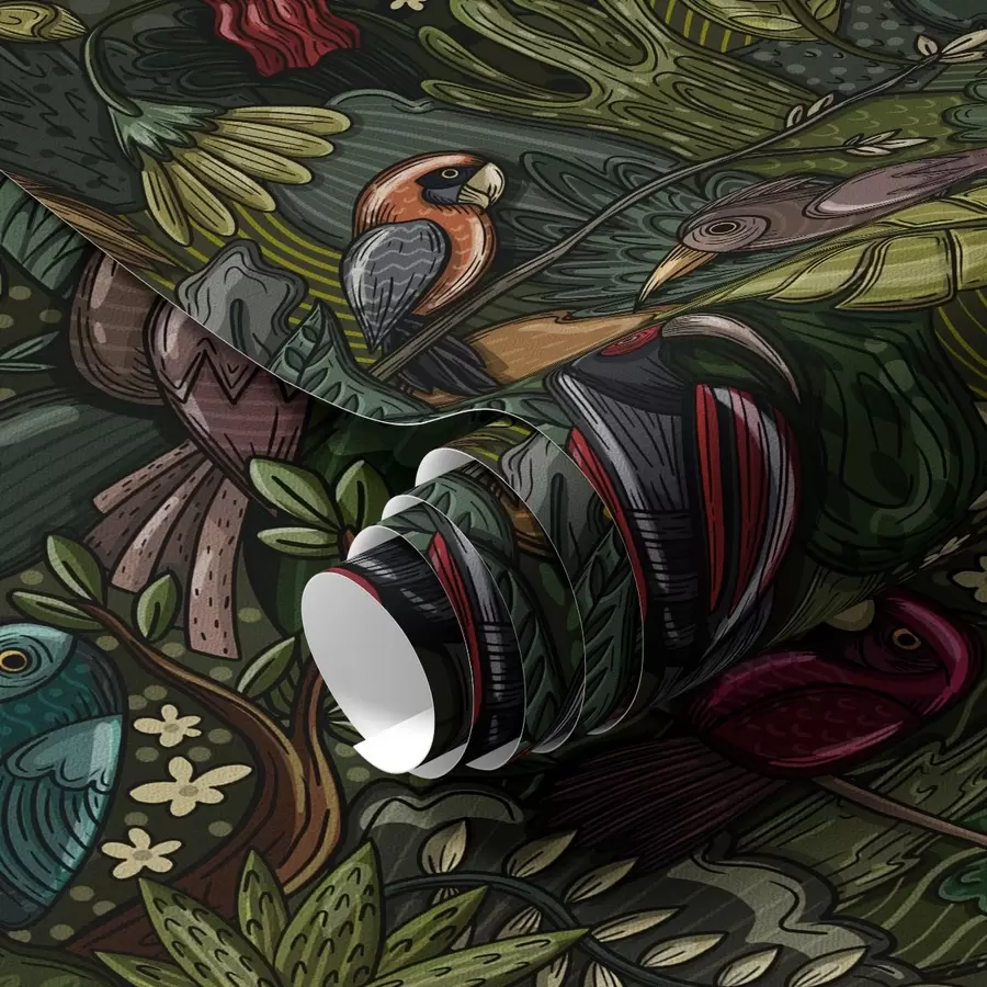 fotószőnyeg Egzotikus madarak a dzsungelben metszet stílusában a00157