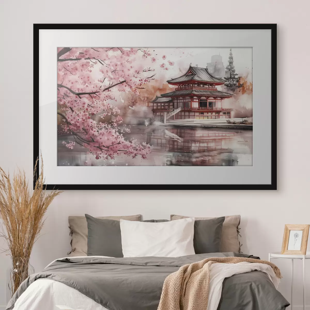 Plakát a sziklán Gyönyörű japán táj virágzó cseresznyefával és házzal a tavon f44310