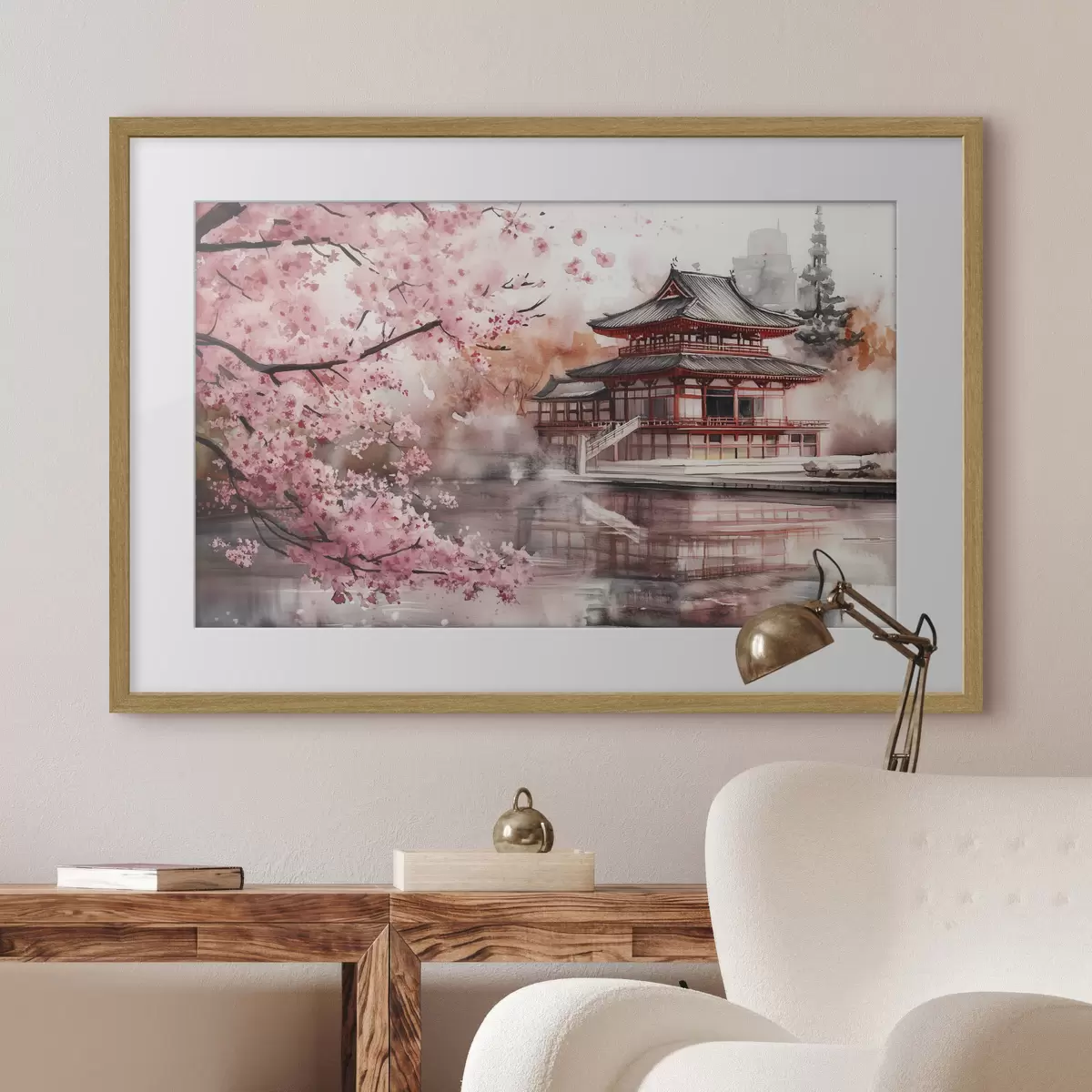 Plakát a sziklán Gyönyörű japán táj virágzó cseresznyefával és házzal a tavon f44310