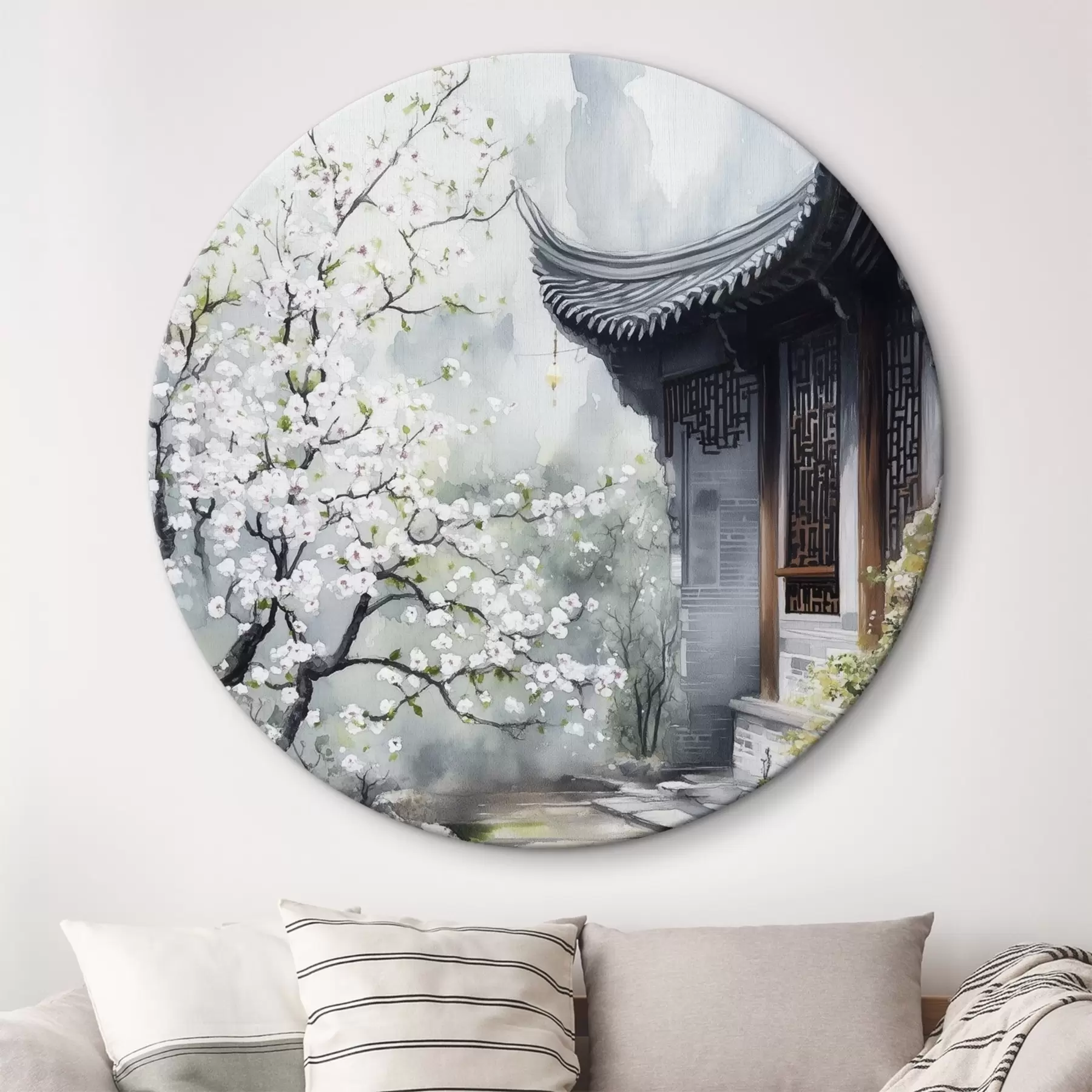 fotótapéta Japán kert cseresznyefával és házzal, keleti, akvarell stílusban r44309