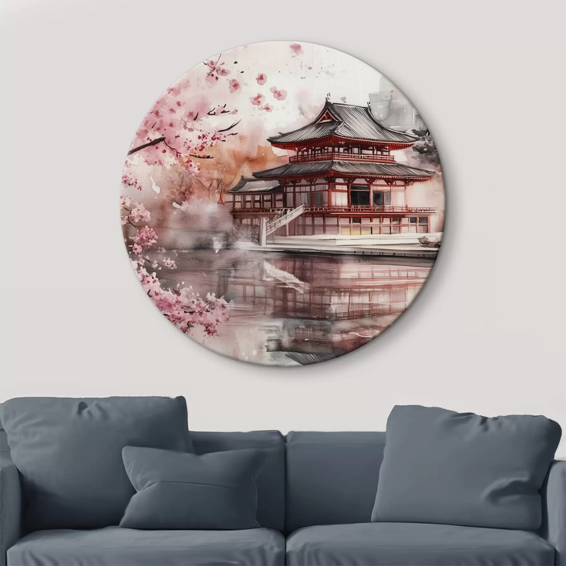 fotótapéta Gyönyörű japán táj virágzó cseresznyefával és házzal a tavon r44310