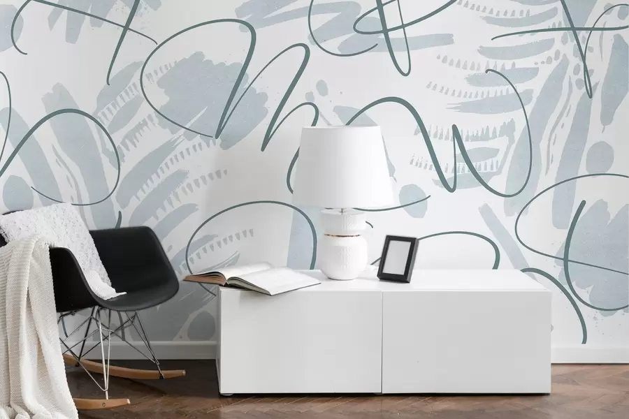 fotószőnyeg Kalligrafikus absztrakció betűkkel, ecsetvonásokkal, kék színnel w03913v1