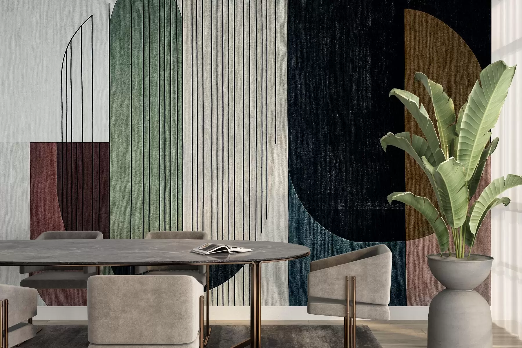 fotószőnyeg modern absztrakt geometriai kompozíció átfedő formákkal és függőleges vonalmintákkal, vékony vonalakkal, amelyek trapézokat és oválisokat töltenek ki, puha textiltextúra, meleg, tompa tónusok, mint az olajzöld, a szürke, a bézs és a szén, finom átláthatóság az alakzatok között w03937