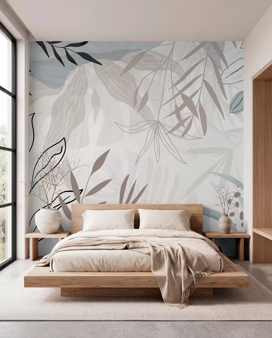 fotószőnyeg Absztrakt virágos modern design pasztell bézs, szürke, kék és fekete levelekkel, finom vonalvezetéssel és lágy háttérrel  w09105