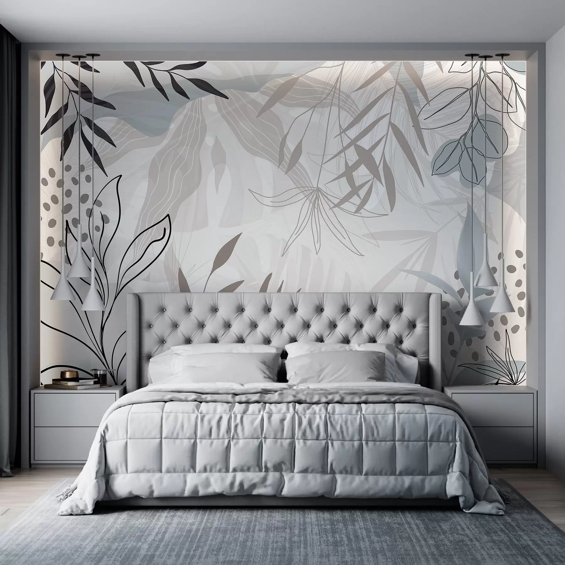 fotószőnyeg Absztrakt virágos modern design pasztell bézs, szürke, kék és fekete levelekkel, finom vonalvezetéssel és lágy háttérrel  w09105