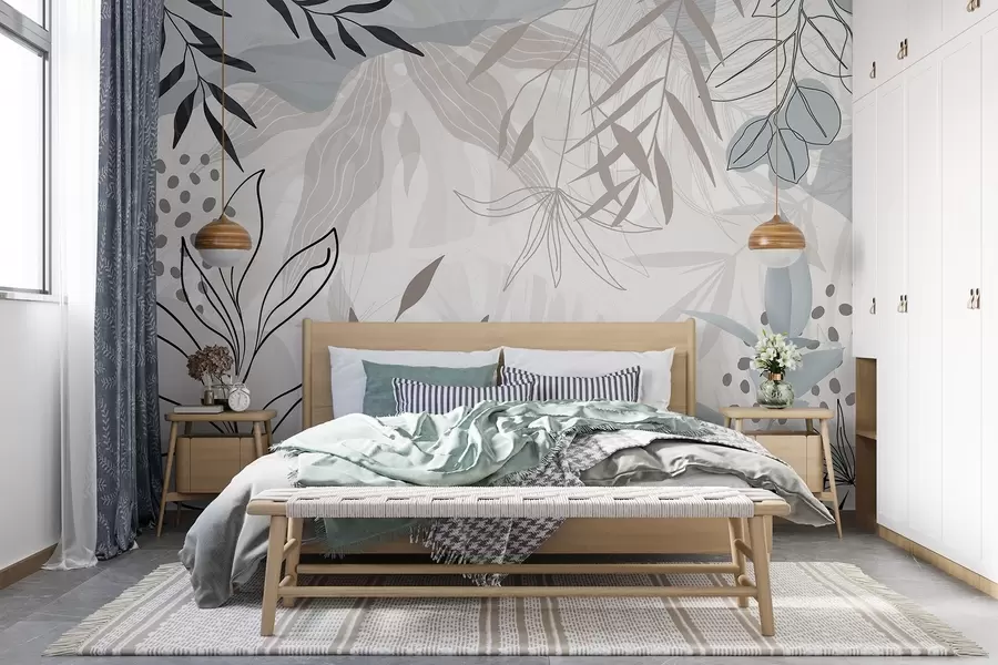 fotószőnyeg Absztrakt virágos modern design pasztell bézs, szürke, kék és fekete levelekkel, finom vonalvezetéssel és lágy háttérrel  w09105