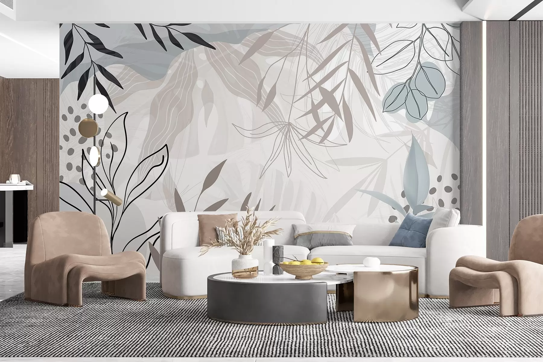 fotószőnyeg Absztrakt virágos modern design pasztell bézs, szürke, kék és fekete levelekkel, finom vonalvezetéssel és lágy háttérrel  w09105