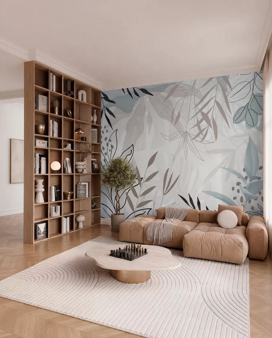 fotószőnyeg Absztrakt virágos modern design pasztell bézs, szürke, kék és fekete levelekkel, finom vonalvezetéssel és lágy háttérrel  w09105