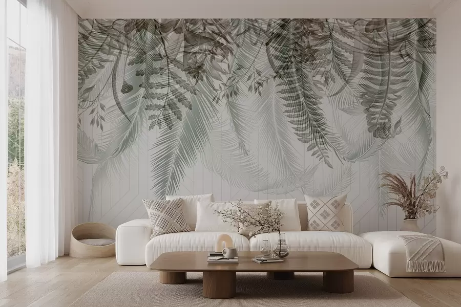fotószőnyeg Finoman hulló trópusi páfrány és pálmalevelek, geometrikus háttér, lágy fény, tompa színek, elegáns w09106v1