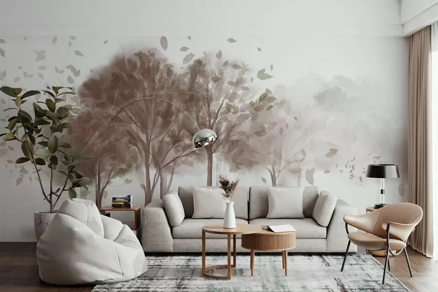 fotószőnyeg Absztrakt tájkép fákkal, barna levelekkel, amelyek a vízben tükröződnek, akvarell textúrázott stílusban w09109v1