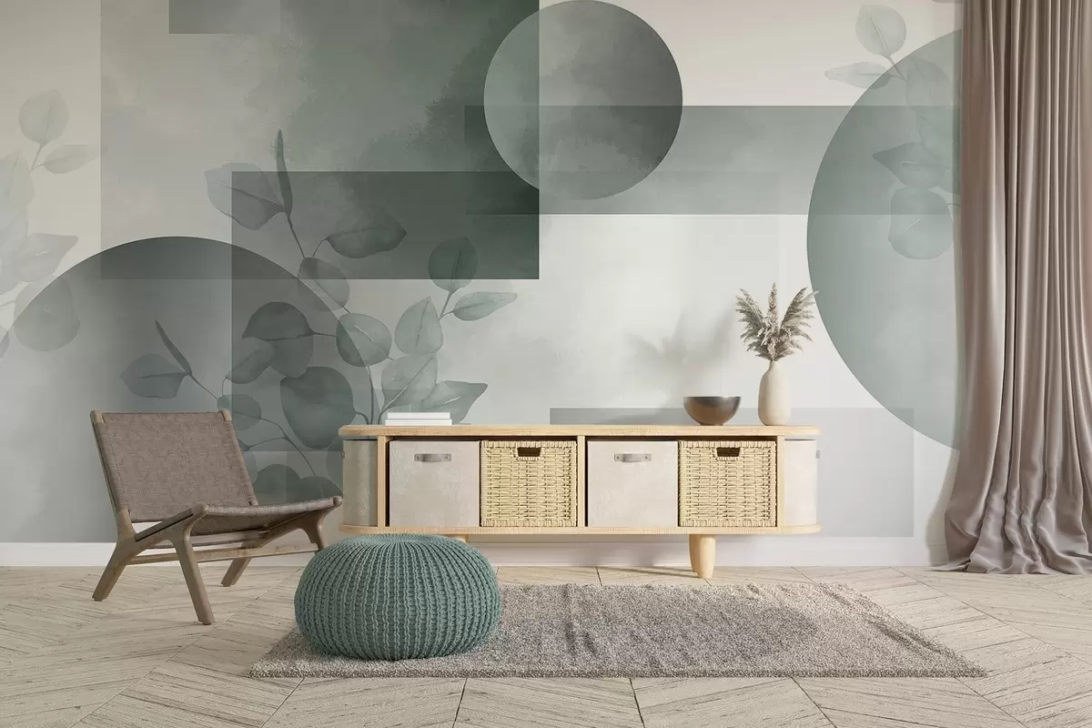 fotószőnyeg Absztrakt modern minimalista geometrikus design körökkel és téglalapokkal, eukaliptusz levelekkel, akvarell hatású w09110