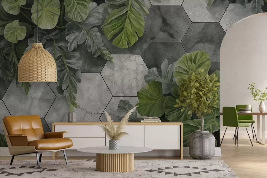 fotószőnyeg Zöld trópusi levelek és növények a háttérben szürke és fehér texturált csempe, buja lombozat modern design  w09117