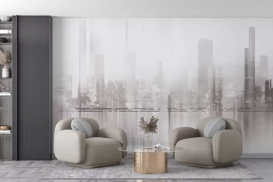 fotószőnyeg Absztrakt, texturált városkép magas épületekkel és csíkokkal, a szürke és a fehér árnyalataiban, ködös hatást keltve w09119
