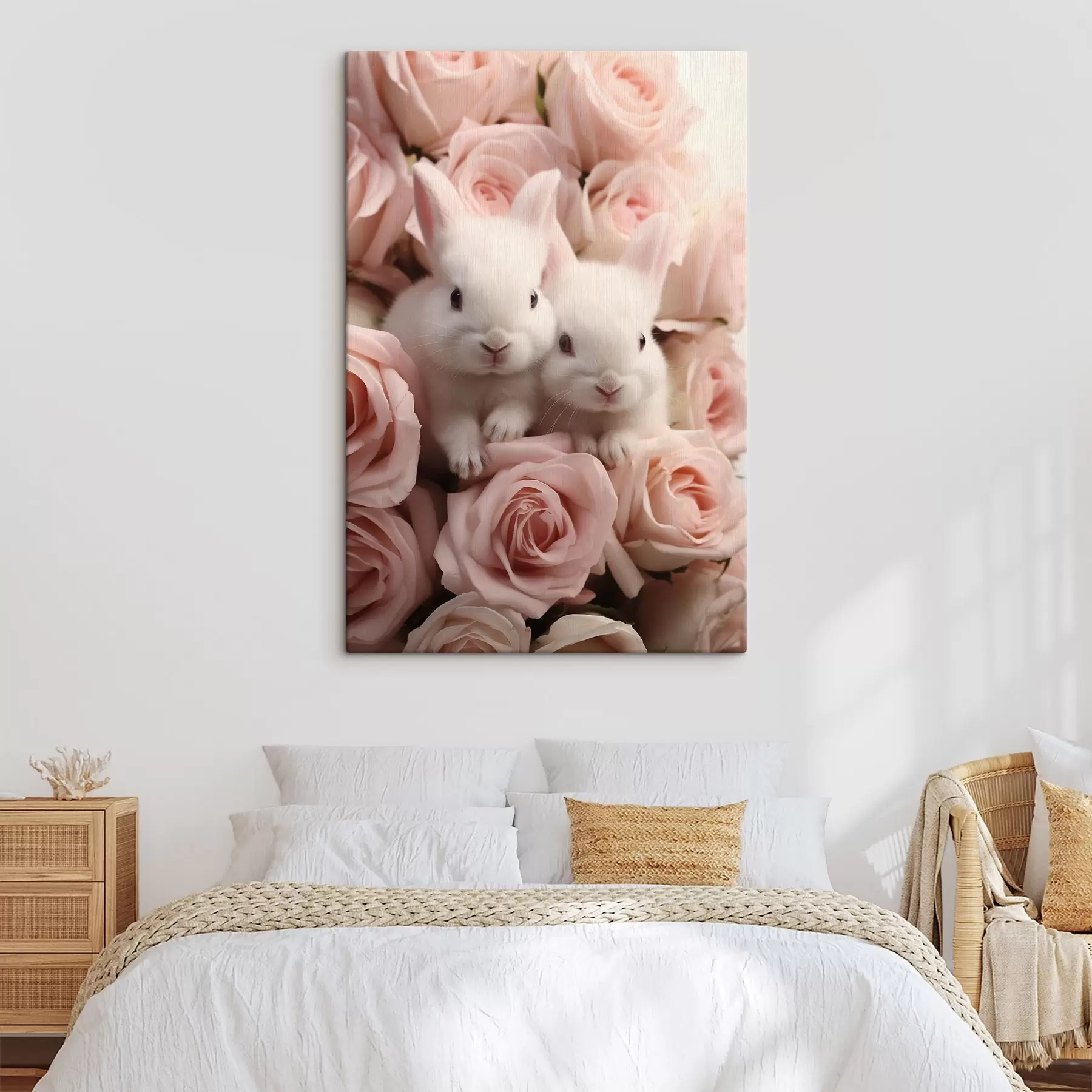 fotótapéta Két fehér nyúl finom rózsás virágokban s44380