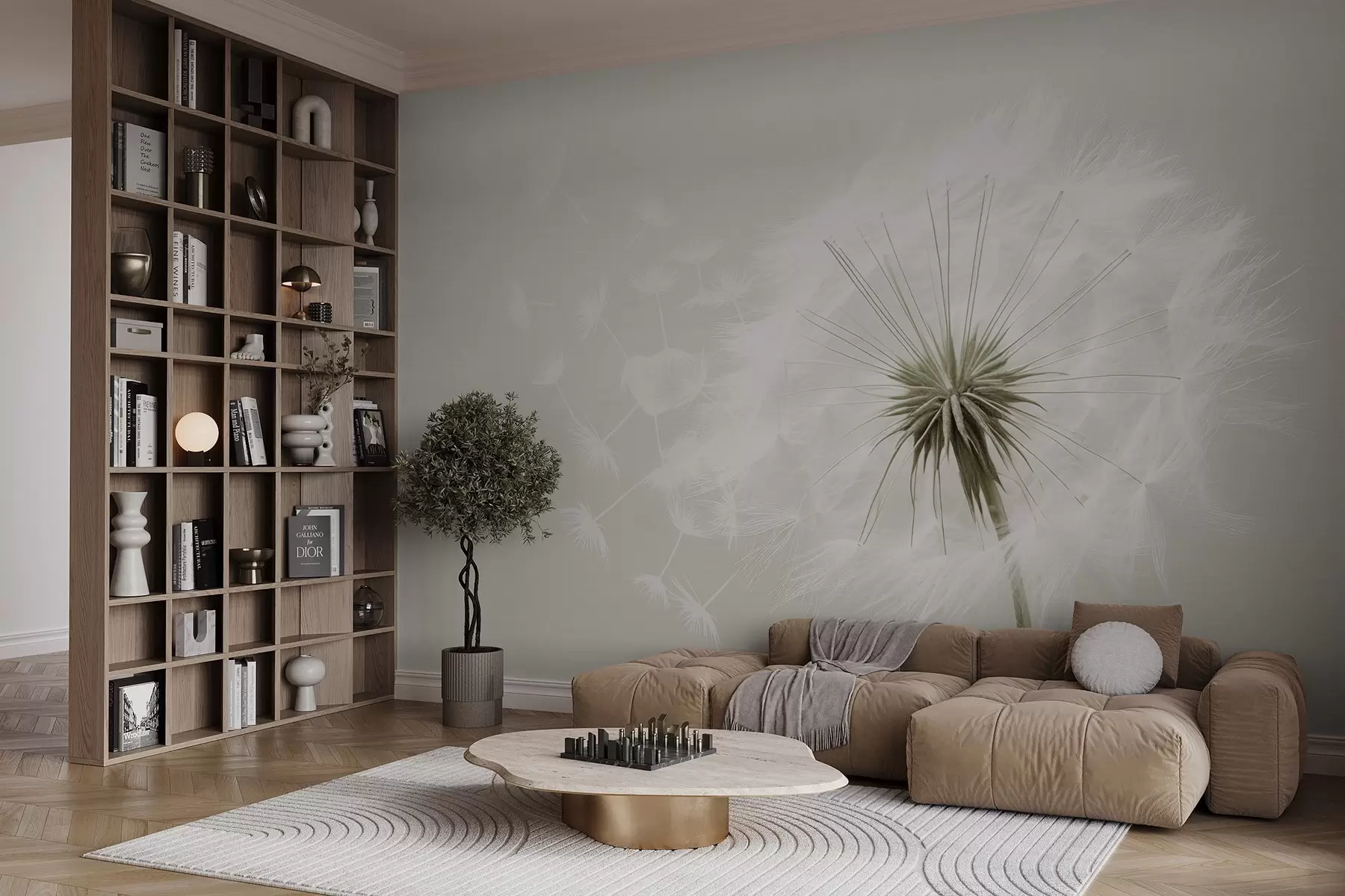 fotószőnyeg Modern, lágy virágkompozíció egy teljesen kivirágzott pitypang fejjel és lebegő magvakkal, finom textilszerű textúrával w03939v1