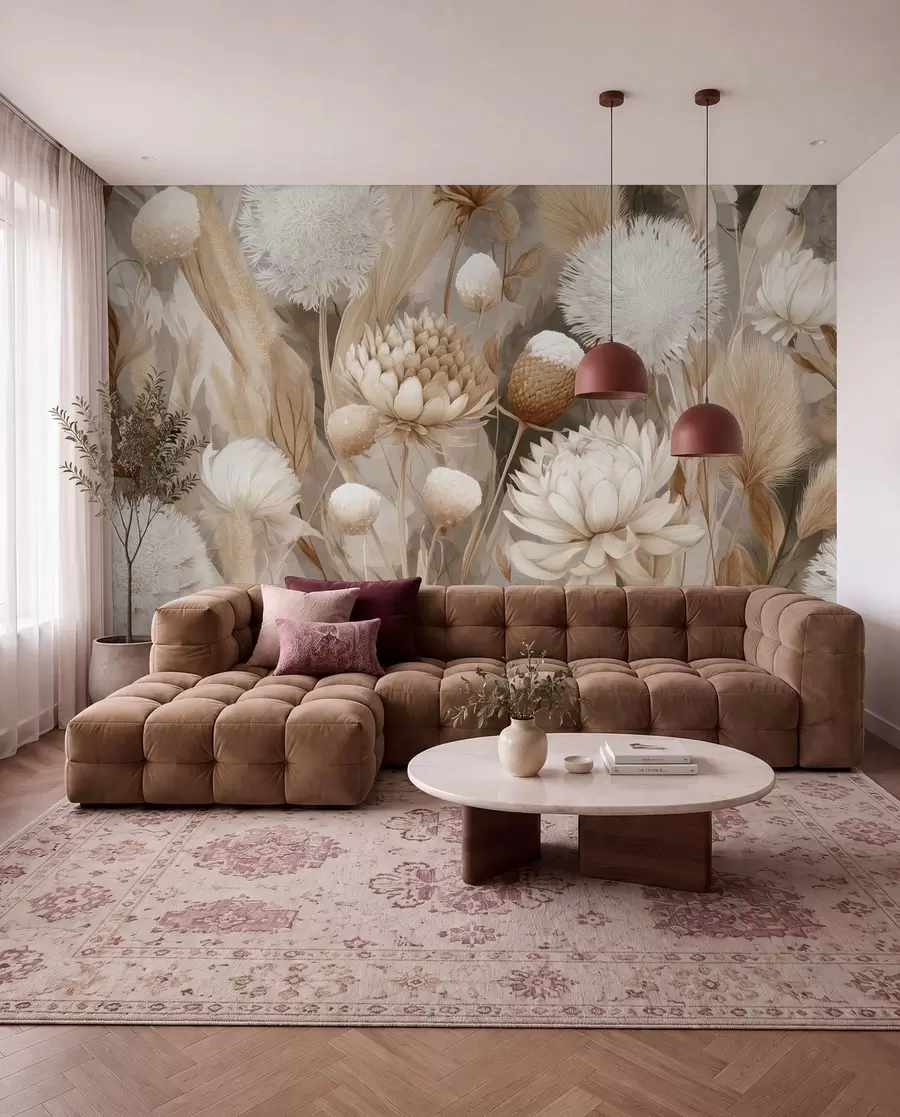 fotószőnyeg Boho Harmony: Bézs és krém tónusú texturált virágok w09121