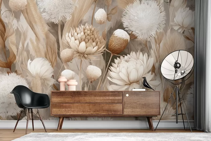 fotószőnyeg Boho Harmony: Bézs és krém tónusú texturált virágok w09121