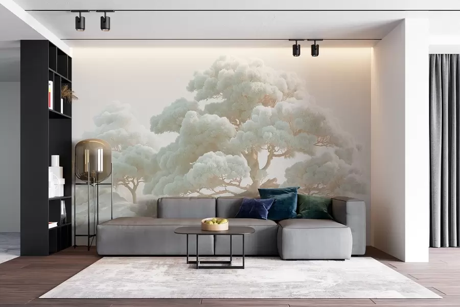 fotószőnyeg Fenyőfák a ködben lágy tónusokban állnak az erdőben w09122