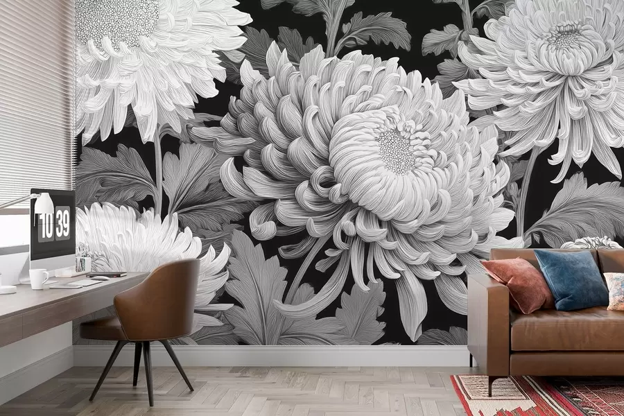 fotószőnyeg Fekete-fehér nagy orchideák levelekkel w09125v1