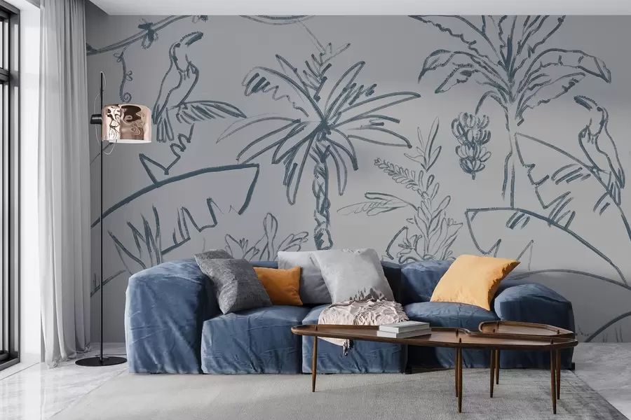 fotószőnyeg Trópusi minta kék színben, banánok, pálmafák w04020v1