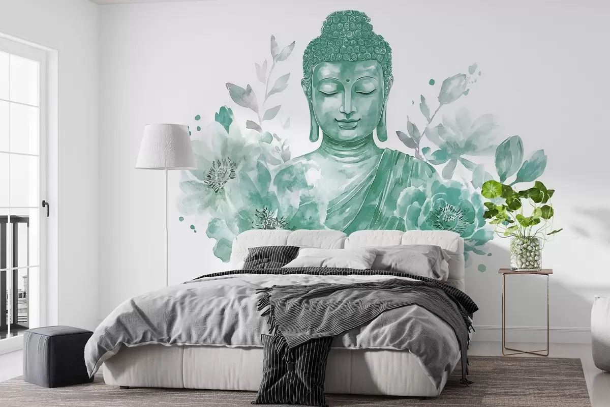 fotószőnyeg Akvarell Buddha virágokkal, spirituális, zöld színpaletta  w04005v3
