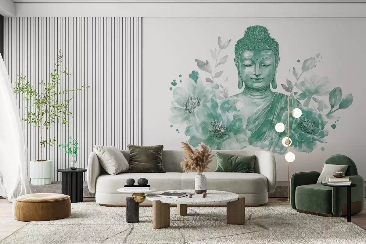 fotószőnyeg Akvarell Buddha virágokkal, spirituális, zöld színpaletta  w04005v3