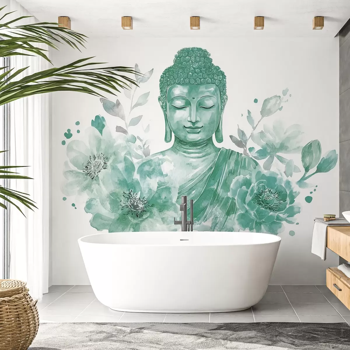 fotószőnyeg Akvarell Buddha virágokkal, spirituális, zöld színpaletta  w04005v3