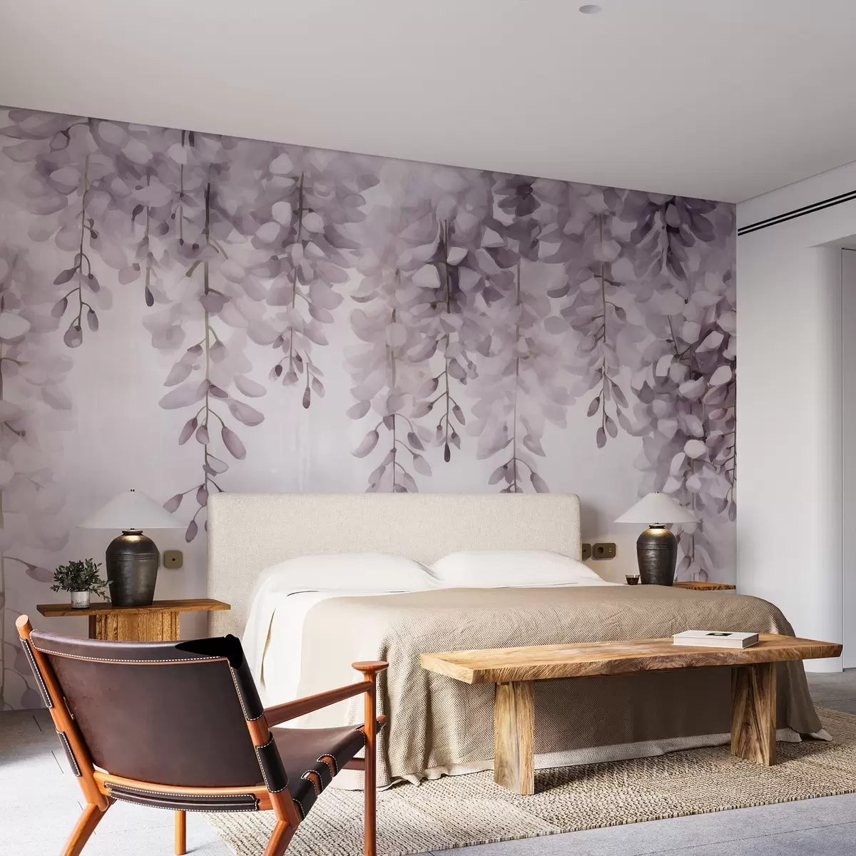 fotószőnyeg Akvarell jelenet lágy lila wisteria kaszkáddal felülről, a kora reggeli köd nyugalmát és tisztaságát idézve w04034v3