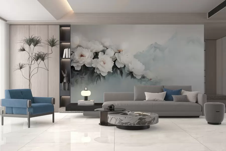 fotószőnyeg festői buja fehér bazsarózsák a ködös hegyek hátterében w03965