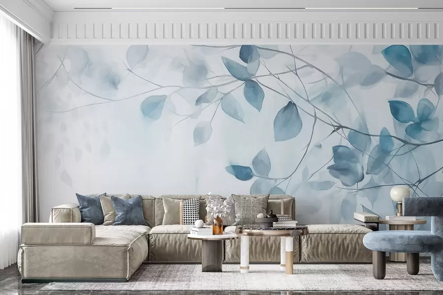 fotószőnyeg Texturális akvarellfestmény kék levelek és ágak utánzata, lágy színek, finom részletek fehér háttér előtt w09133v1