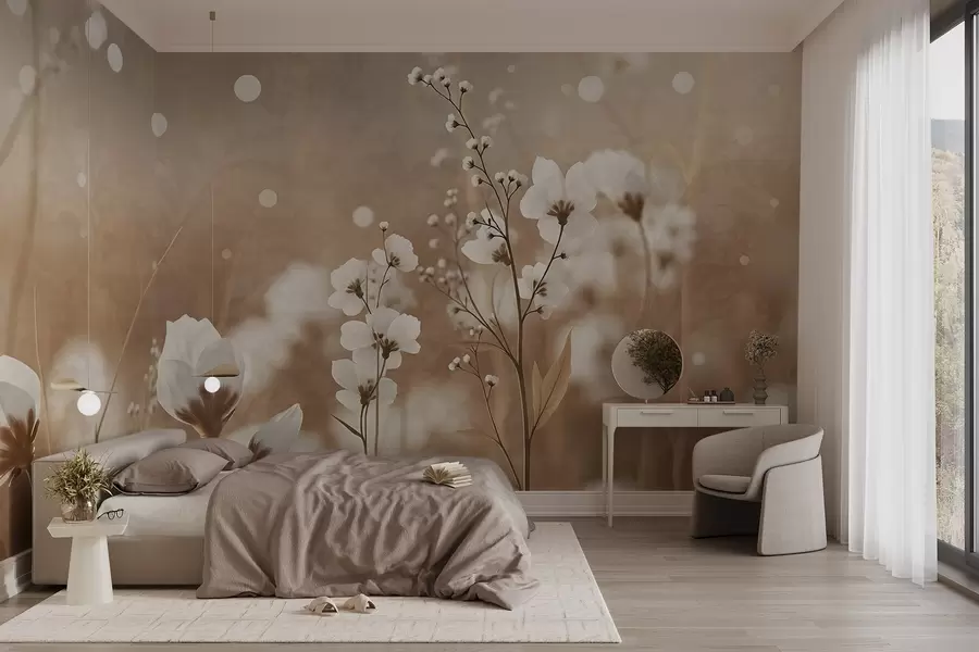 fotószőnyeg Fehér virágok barna szárakkal és levelekkel egy mezőben, bokeh hatás, meleg színpaletta, elegáns, természet ihlette műalkotás w09135