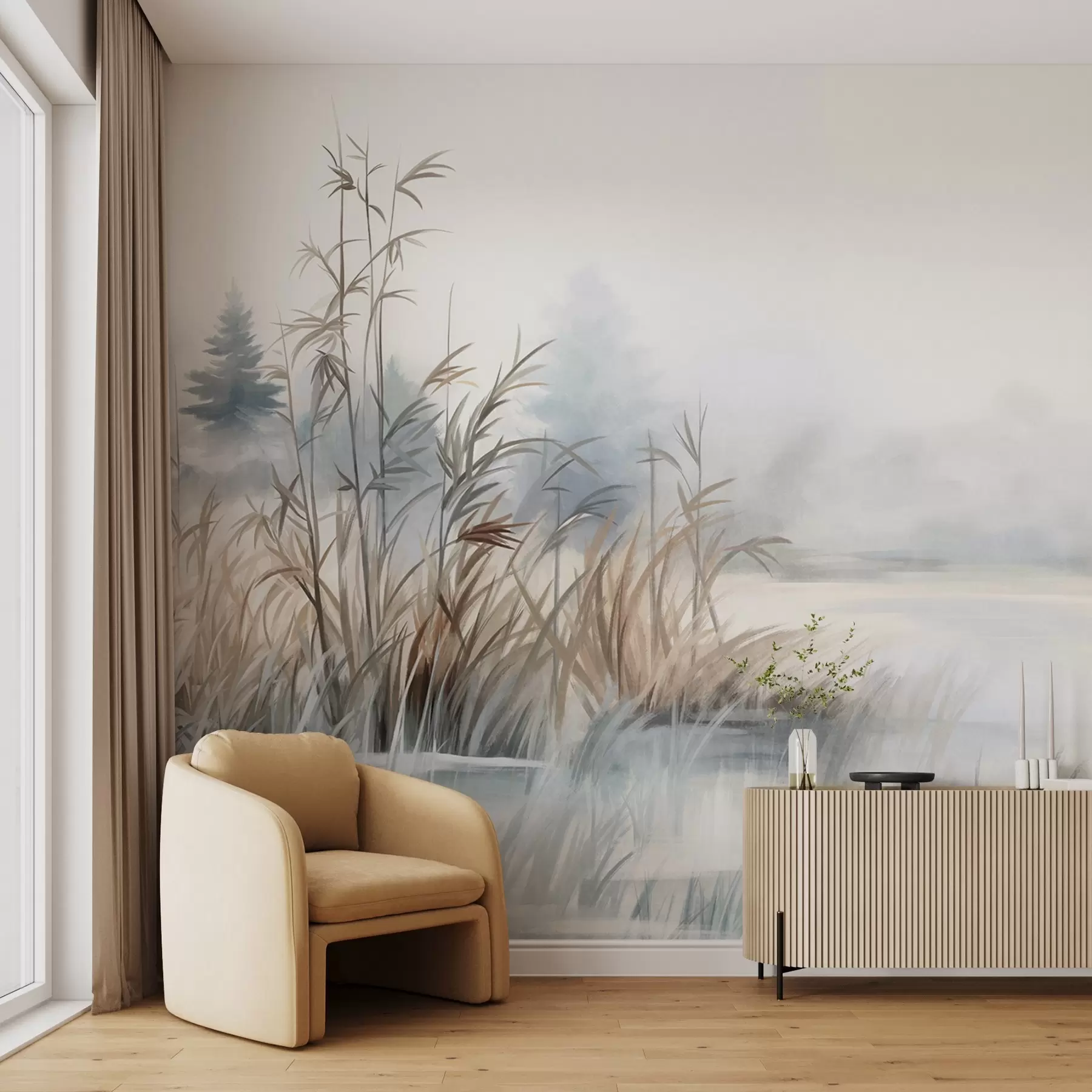 fotószőnyeg Texturált táj egy tó magas fűvel az előtérben, lágy kék és barna, nyugodt víz, fák a távolban w09137