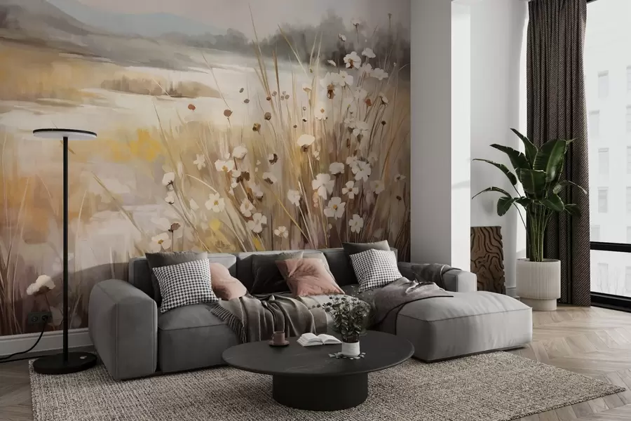 fotószőnyeg Magas fű és fehér százszorszépek mezeje, fák a háttérben, felhős ég alatt, texturált táj, lágy ecsetvonások w09139