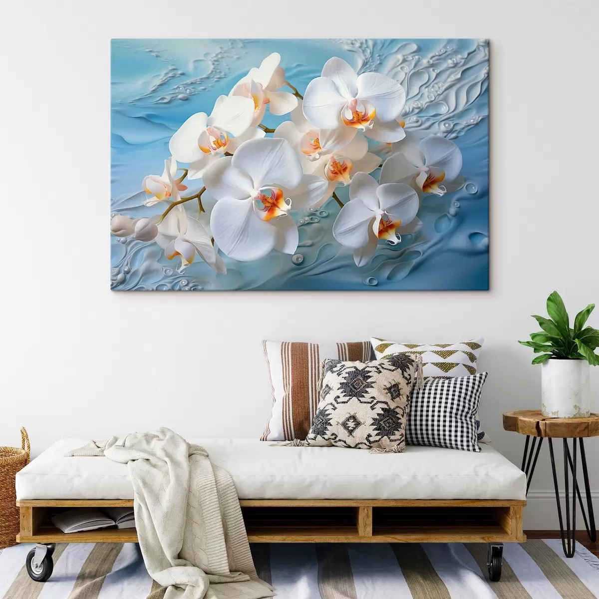fotótapéta Fehér orchideák, világoskék felületen elrendezve, vízcseppekkel, lágy megvilágítással s44401