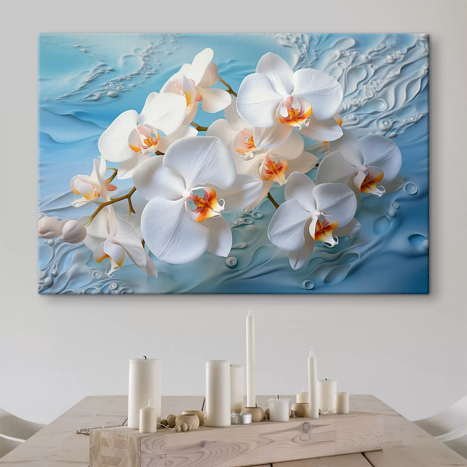 fotótapéta Fehér orchideák, világoskék felületen elrendezve, vízcseppekkel, lágy megvilágítással s44401