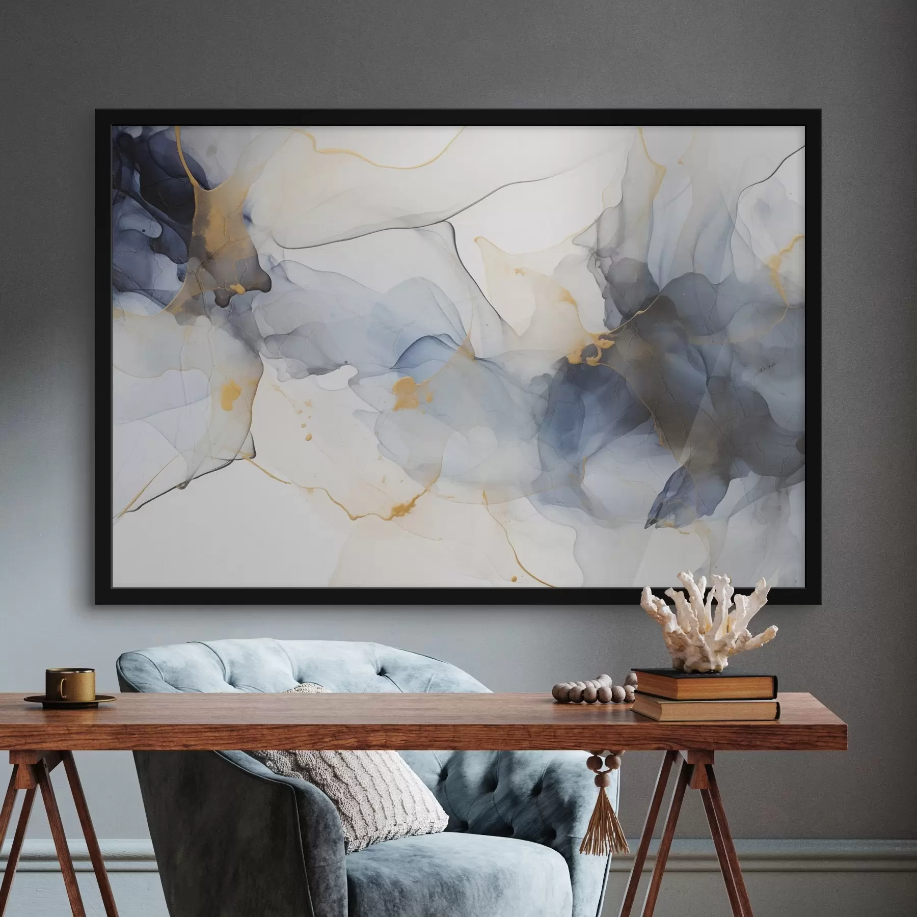 fotószőnyeg Absztrakt festmény kék tintával, folyékony és organikus formák, finom textúrák fehér háttéren f44397