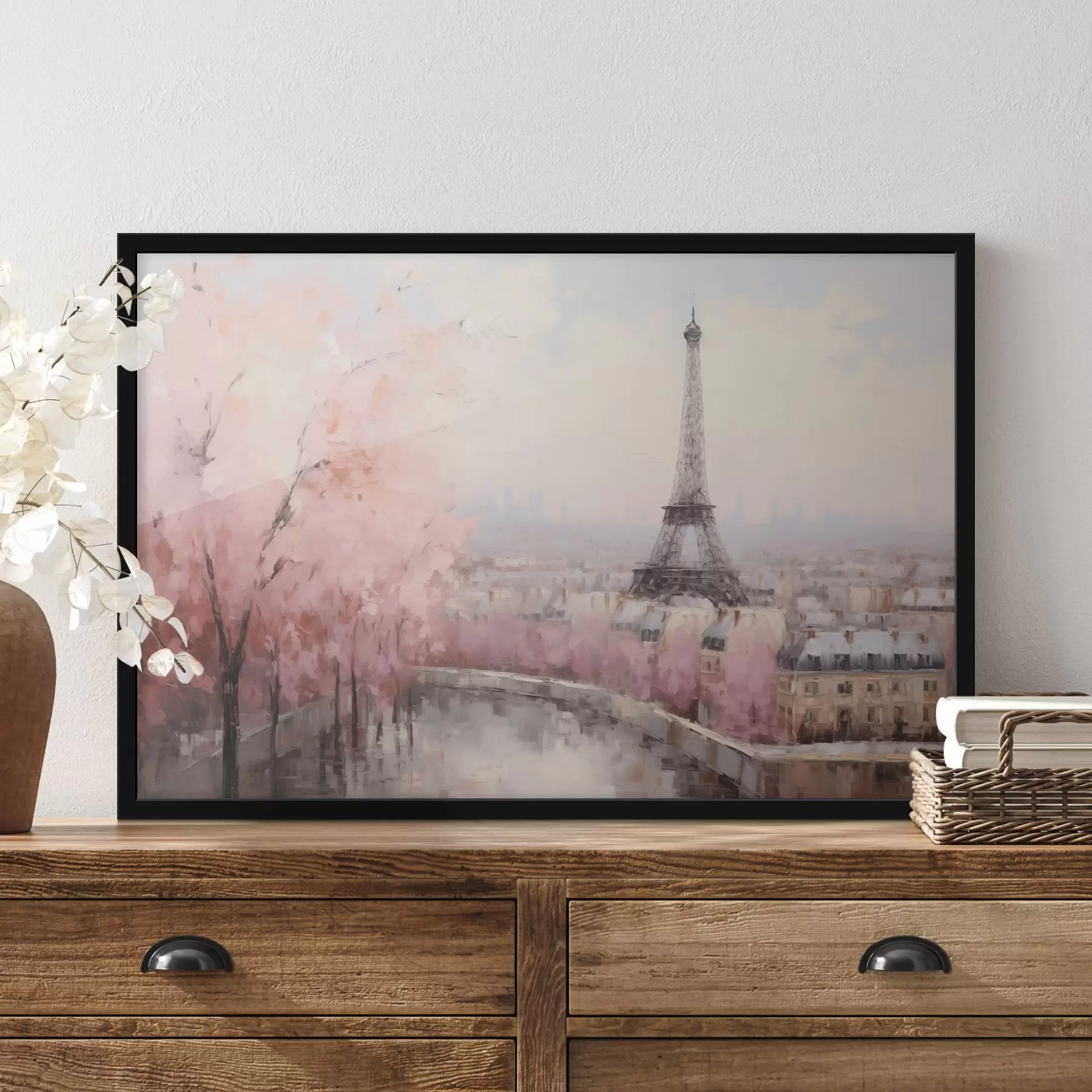 fotószőnyeg Eiffel-torony Párizsban, tavaszi cseresznyevirág fákkal, lágy pasztell színekkel f44398