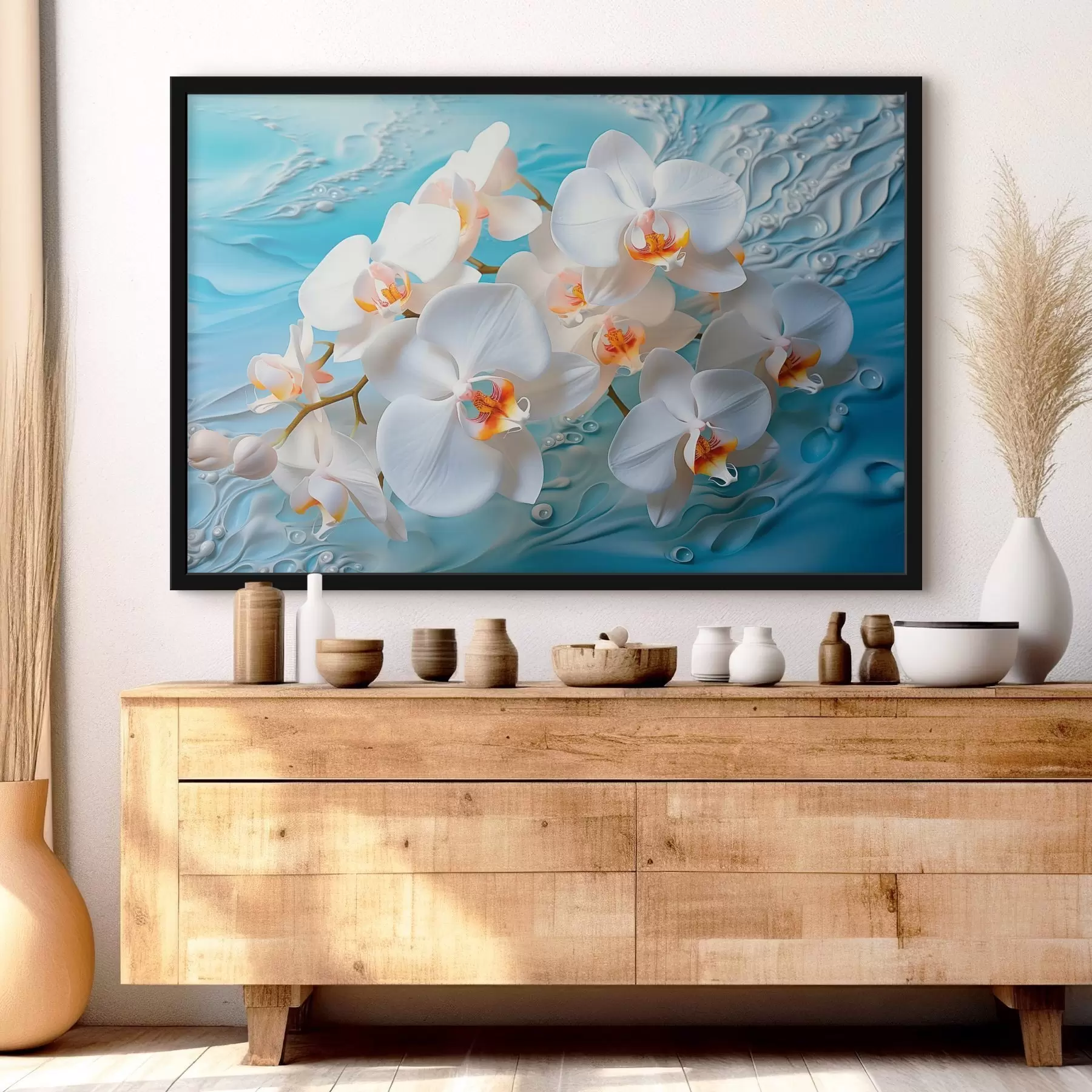 fotószőnyeg Fehér orchideák, világoskék felületen elrendezve, vízcseppekkel, lágy megvilágítással f44401