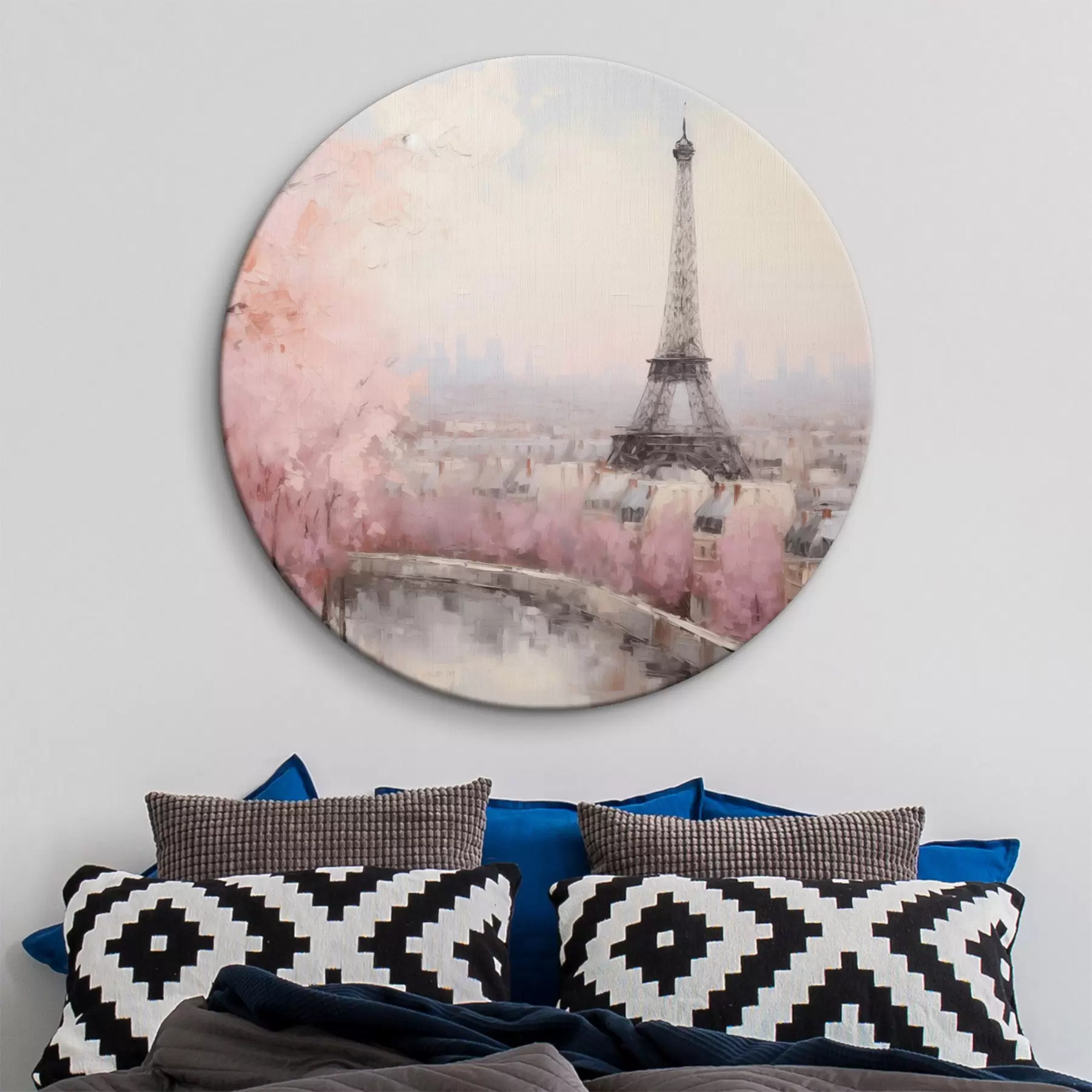 fotótapéta Eiffel-torony Párizsban, tavaszi cseresznyevirág fákkal, lágy pasztell színekkel r44398