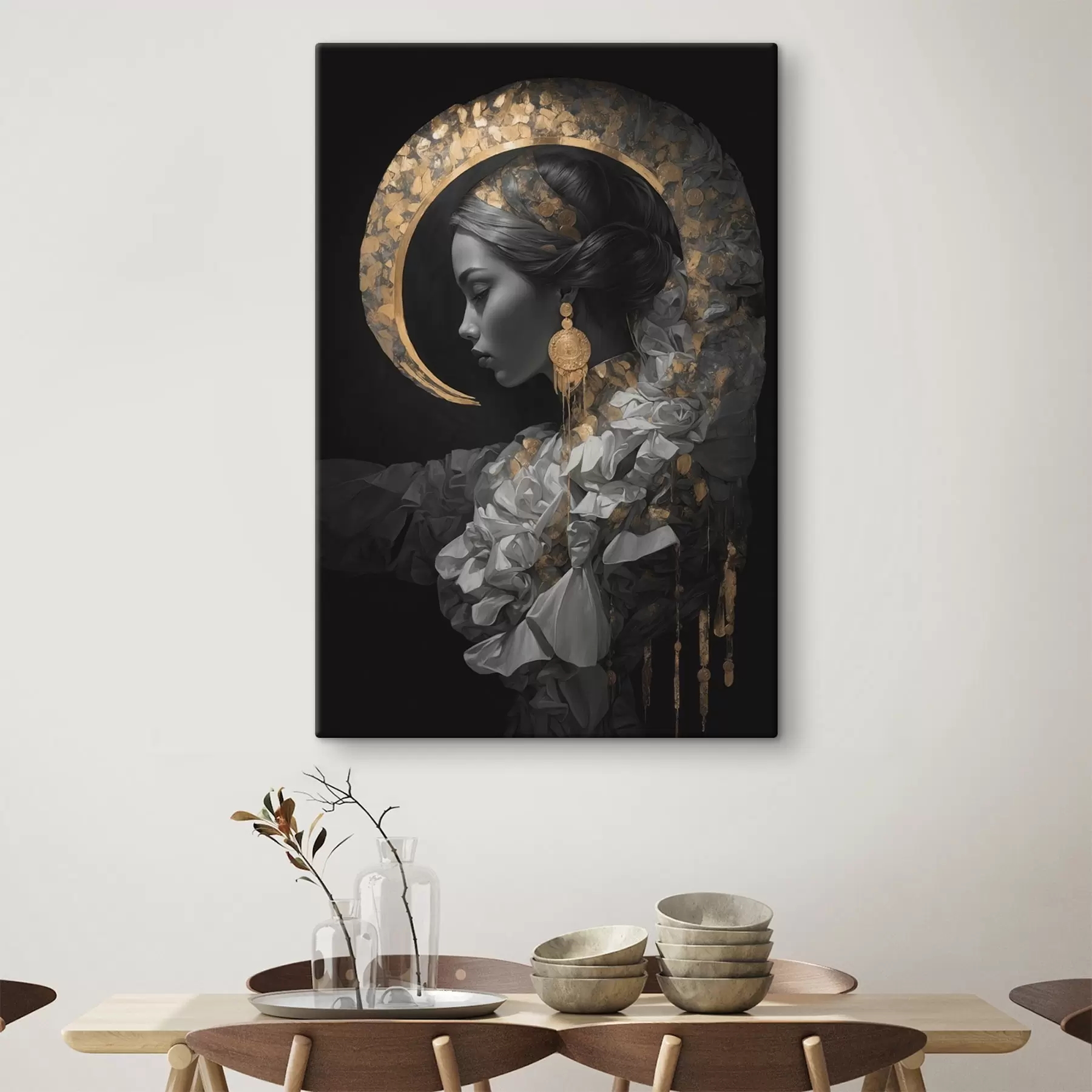 fotótapéta Lány és sárga félhold fekete háttéren s44449