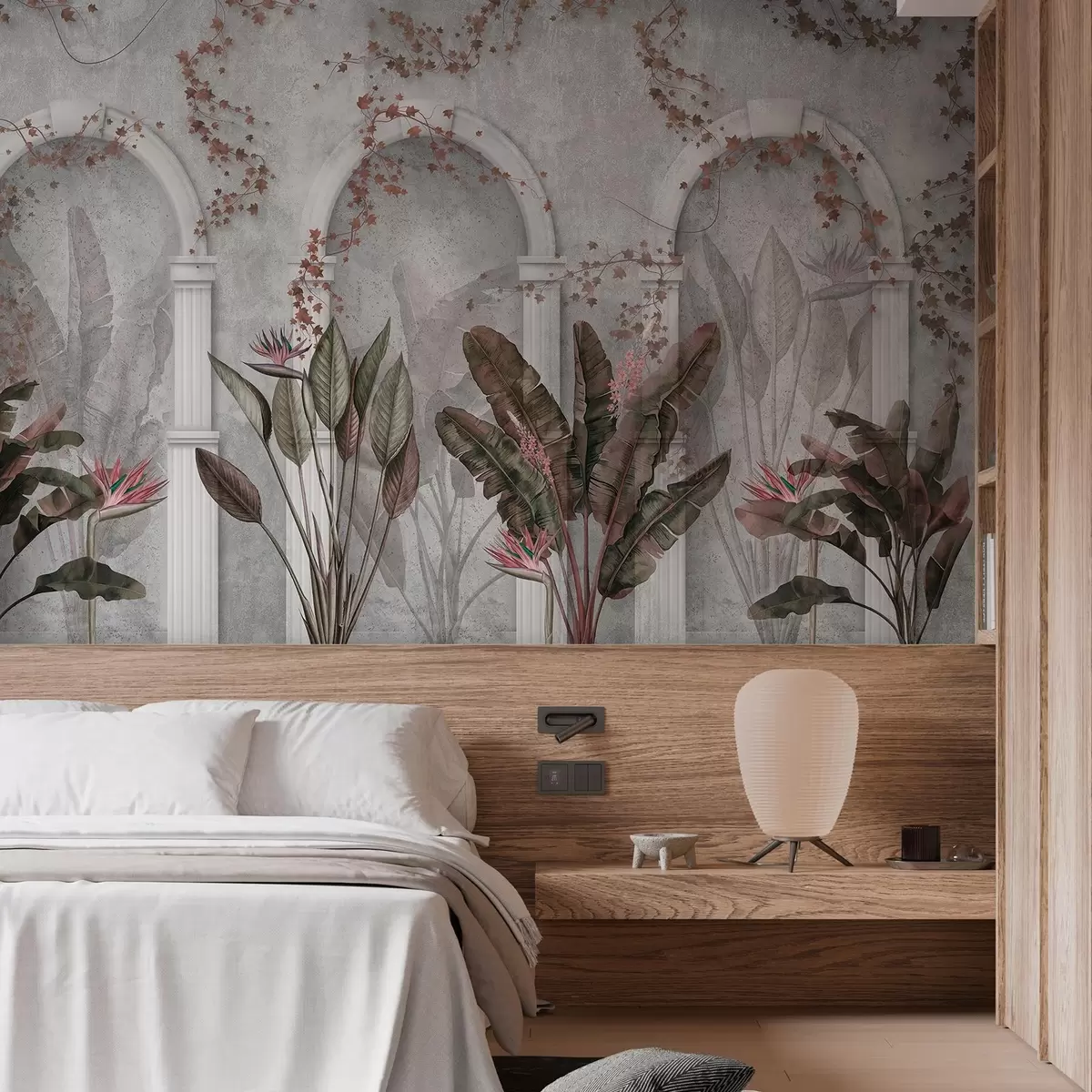 fotószőnyeg Betonfal boltívekkel és trópusi növényekkel, virágos, bordó színekkel w04065v1