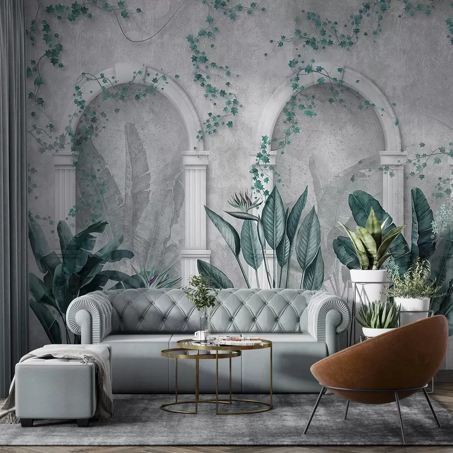 fotószőnyeg Betonfal boltívekkel és trópusi növényekkel, virágos, kék színekkel w04065v2