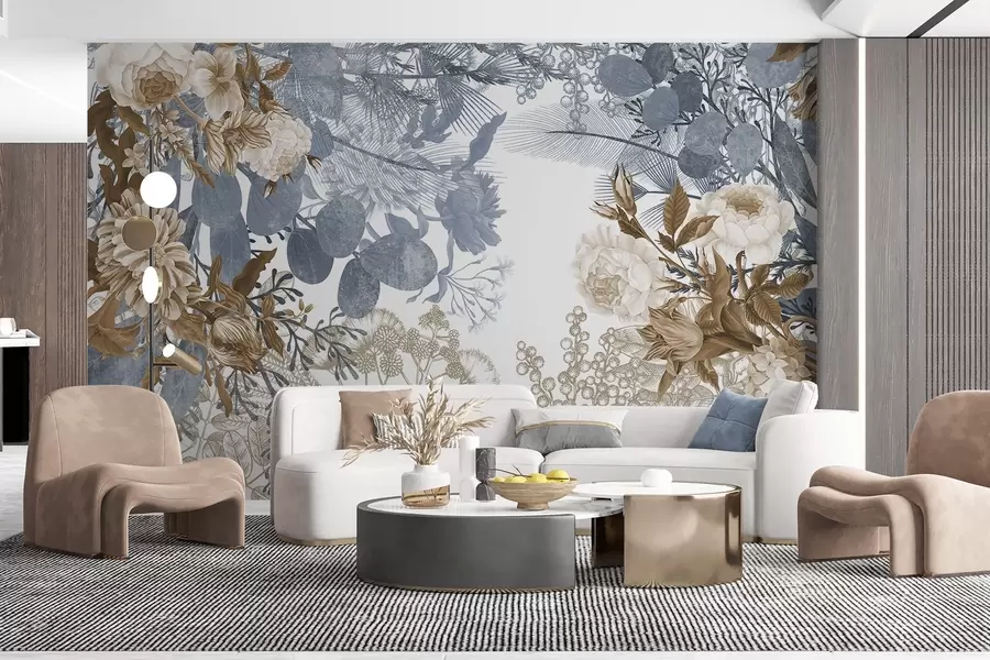 fotószőnyeg Vintage virágkötészet rózsával, eukaliptusszal és mimózával a kék és a barna árnyalataiban  w09164